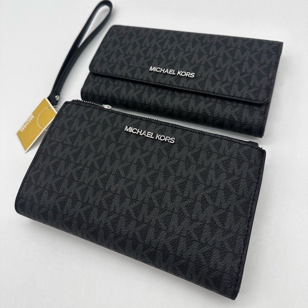 Michael Kors Large Double Zip Wallet Wristlet & Trifold Wallet Black
